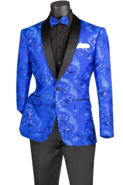 Royal Blue Embroidery Slim Fit Jacket Shawl Lapel With Bow Tie