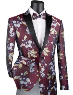 (3XL) Burgundy Slim Fit Blazer Floral Print 1 Button With Peak Lapel