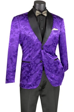 (2XL) Purple Slim Fit Jacket Silky Jacquard Fabric With Bow Tie