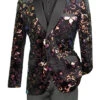 Black Slim Fit Velvet Sequin Floral Pattern Jacket