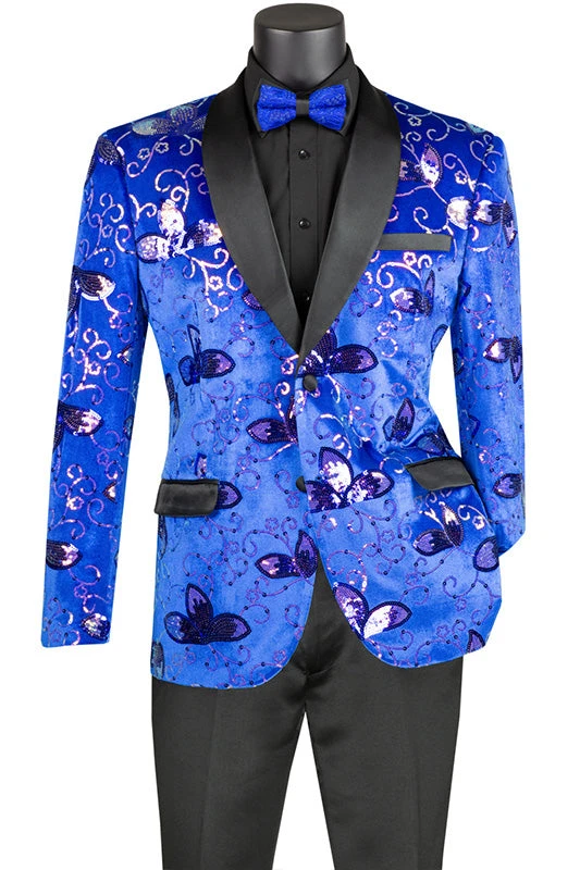 Royal Blue Slim Fit Velvet Sequin Floral Pattern Jacket 1 Royal Blue Slim Fit Velvet Sequin Floral Pattern Jacket