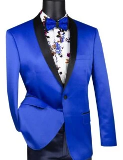 Royal Blue Slim Fit Blazer Stretch Sateen 1 Button With Narrow Shawl Lapel
