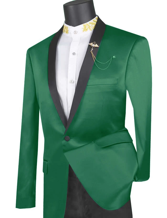 (S) Green Slim Fit Blazer Stretch Sateen 1 Button With Narrow Shawl Lapel 1 (S) Green Slim Fit Blazer Stretch Sateen 1 Button With Narrow Shawl Lapel