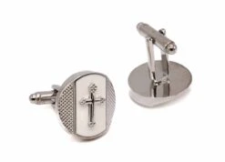 Silver Cross On White Round Men's Cuff Links Accessory Box
