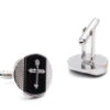 Silver Cross On Black Round Men's Cuff Links Accessory Box