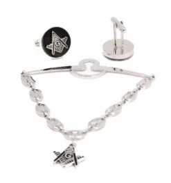 Freemasonry Silver Cross On Black Round Men's Cuff Links And Tie Chain 3 Piece Accessory Box