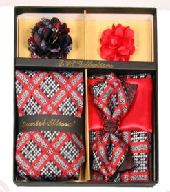 Red And Check Pattern Men's Accessory Collection Box 6 Pieces Set