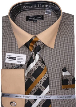 Black Beige Mini-Houndstooth Dress Shirt Set With Tie And Handkerchief
