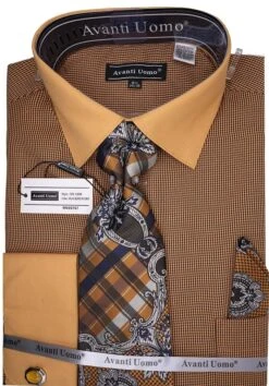 Black Mustard Mini-Houndstooth Dress Shirt Set With Tie And Handkerchief
