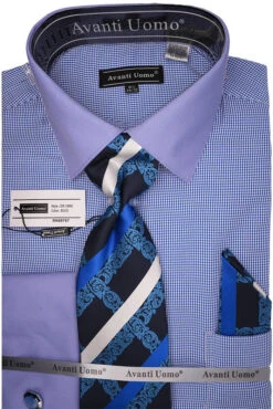 Blue Mini-Houndstooth Dress Shirt Set With Tie And Handkerchief