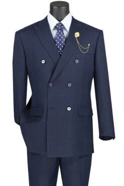 Alexander Collection - Navy Double Breasted 2 Piece Suit Regular Fit Tone On Tone Windowpane