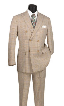 Alexander Collection - Beige Double Breasted 2 Piece Suit Regular Fit Tone On Tone Windowpane