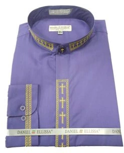 Men's Banded Collar Embroidered Shirt In Purple/Gold
