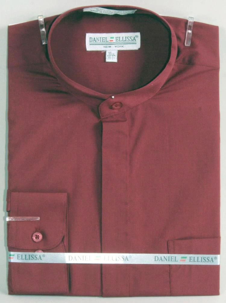 Basic Banded Collar Dress Shirt In Burgundy 1 Basic Banded Collar Dress Shirt In Burgundy