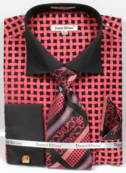 French Cuff Checker Pattern Cotton Shirt In Black/Coral With Tie, Cuff Links And Pocket Square