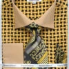 French Cuff Checker Pattern Cotton Shirt In Black/Mustard With Tie, Cuff Links And Handkerchief