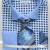 French Cuff Checker Pattern Cotton Shirt In Blue With Tie, Cuff Links And Handkerchief