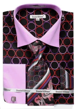 French Cuff Circle Printed Cotton Shirt In Black/Lilac With Tie, Cuff Links And Handkerchief