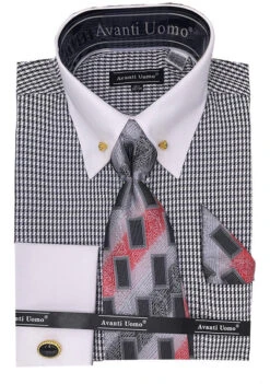 Black Houndstooth Dress Shirt Set With Cuff