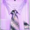 French Cuff Lavender Striped Pattern Dress Shirt Set With Tie, Cuff Links And Handkerchief