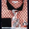 French Cuff Printed Two Tone Shirt In Coral With Tie, Cuff Links And Handkerchief