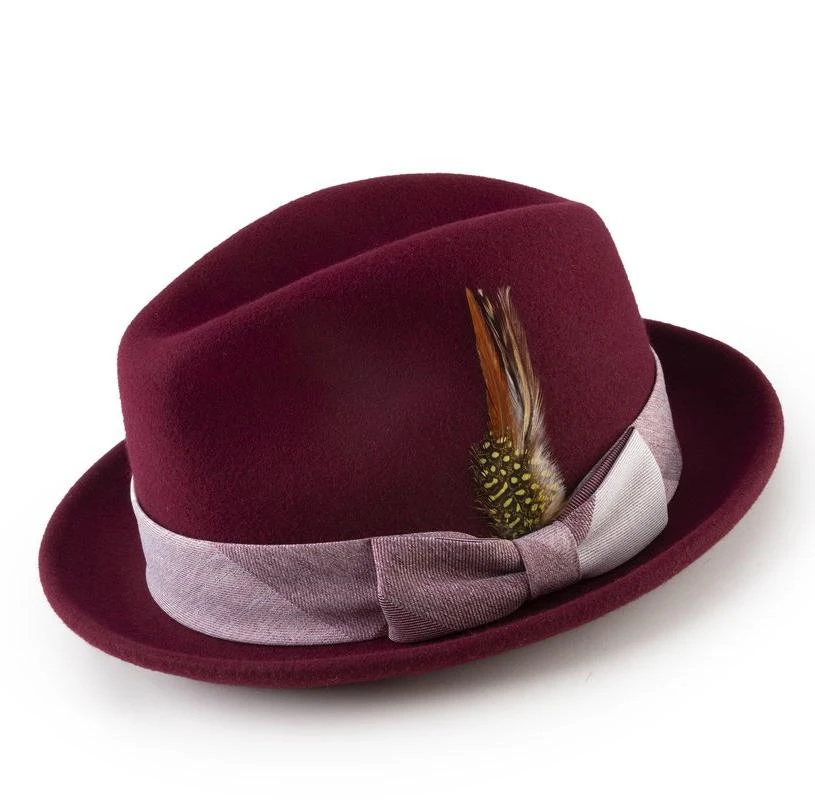 Wool Felt Fedora With Feather Accent In Burgundy 1 Wool Felt Fedora With Feather Accent In Burgundy