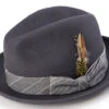 Wool Felt Pinch Front Gray Fedora With Feather Accent