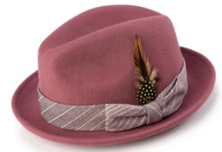 Wool Felt Pinch Front Mauve Fedora With Feather Accent