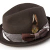 Wool Felt Pinch Front Brown Fedora With Feather Accent
