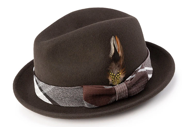 Wool Felt Pinch Front Brown Fedora With Feather Accent 1 Wool Felt Pinch Front Brown Fedora With Feather Accent