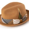 Wool Felt Pinch Front Tan Fedora With Feather Accent
