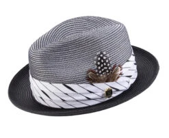 Black 2" Brim Pinch Braided Fedora With Matching Plaid Ribbon