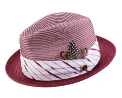 Burgundy 2" Brim Pinch Braided Fedora With Matching Plaid Ribbon