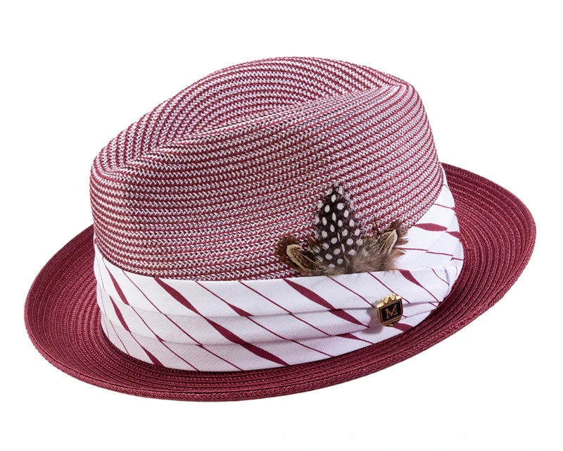 Burgundy 2" Brim Pinch Braided Fedora With Matching Plaid Ribbon 1 Burgundy 2" Brim Pinch Braided Fedora With Matching Plaid Ribbon