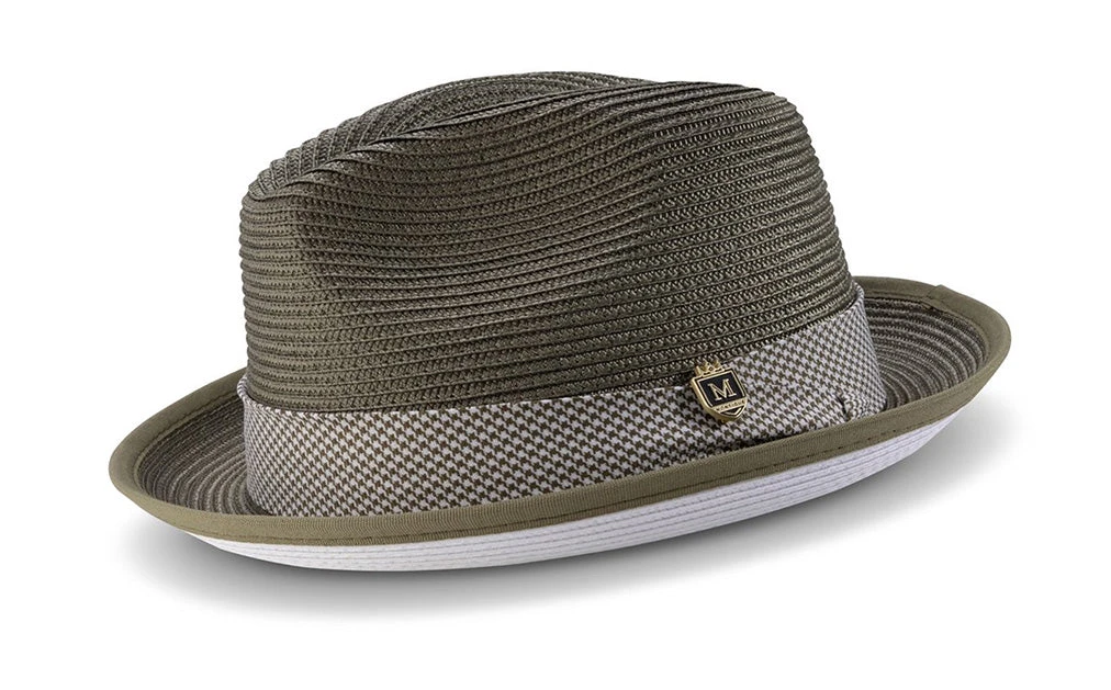 Olive Braided Stingy Brim Pinch Fedora With White Bottom 1 Olive Braided Stingy Brim Pinch Fedora With White Bottom