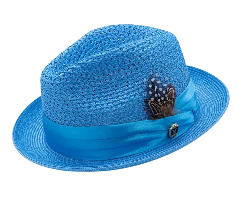 Aqua Solid Color Pinch Braided Fedora With Matching Satin Ribbon 1 Aqua Solid Color Pinch Braided Fedora With Matching Satin Ribbon
