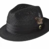 Black Solid Color Pinch Braided Fedora With Matching Satin Ribbon