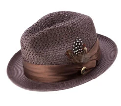 Brown Solid Color Pinch Braided Fedora With Matching Satin Ribbon
