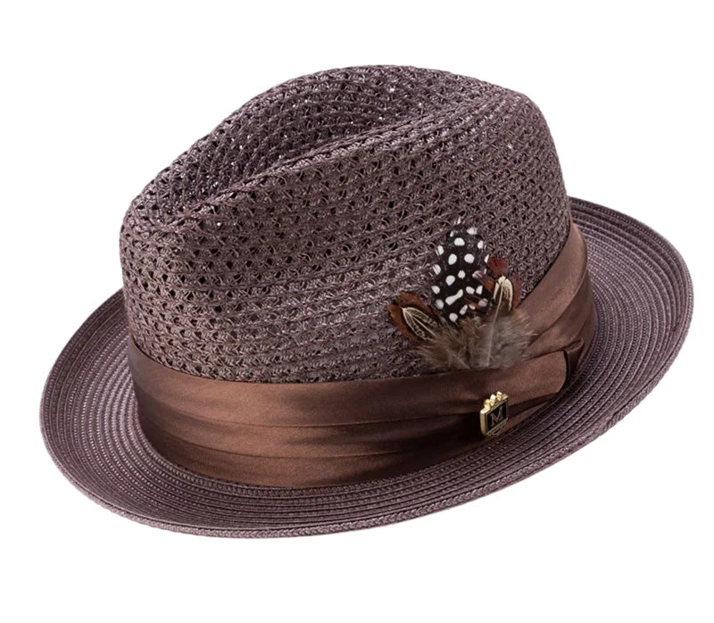 Brown Solid Color Pinch Braided Fedora With Matching Satin Ribbon 1 Brown Solid Color Pinch Braided Fedora With Matching Satin Ribbon