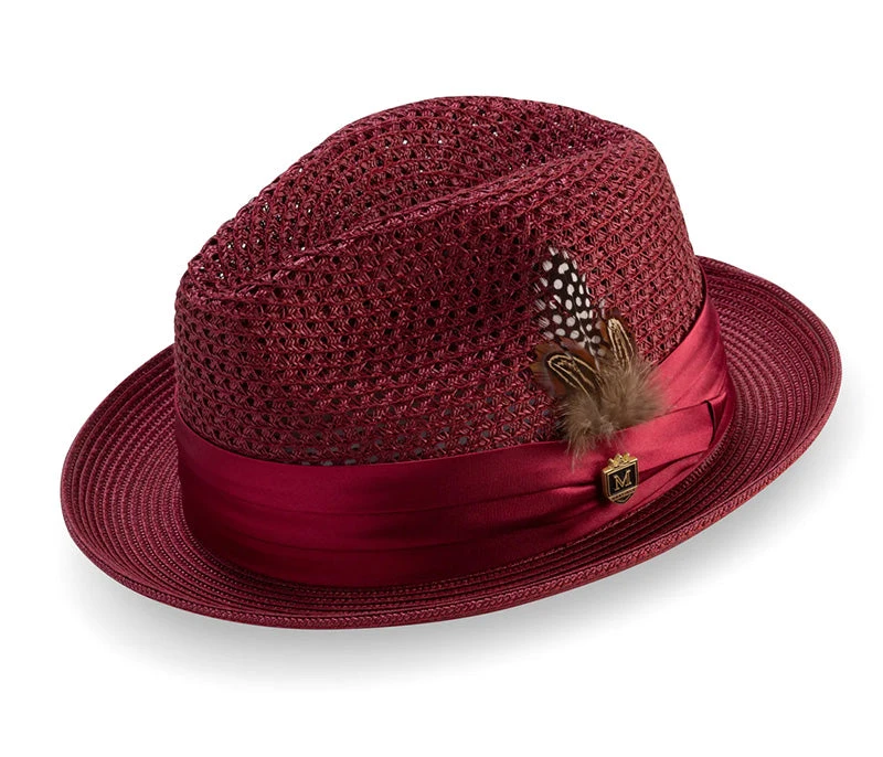 Burgundy Solid Color Pinch Braided Fedora With Matching Satin Ribbon 1 Burgundy Solid Color Pinch Braided Fedora With Matching Satin Ribbon