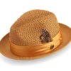 Gold Solid Color Pinch Braided Fedora With Matching Satin Ribbon