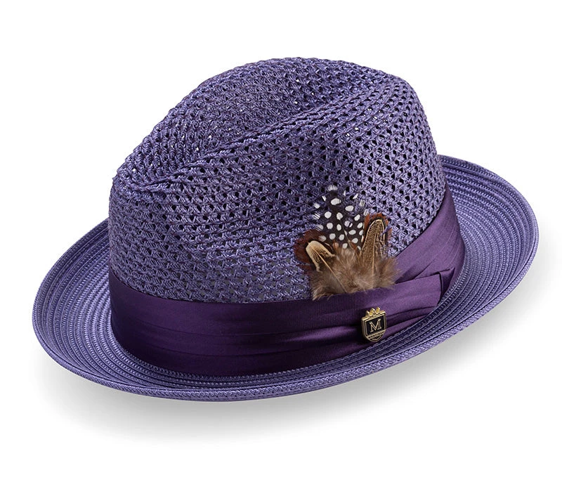 Purple Solid Color Pinch Braided Fedora With Matching Satin Ribbon 1 Purple Solid Color Pinch Braided Fedora With Matching Satin Ribbon