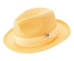 Canary Yellow Braided Wide Brim Pinch Fedora Matching Grosgrain Ribbon