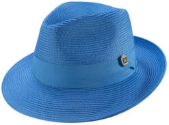 Blue Braided Wide Brim Pinch Fedora Matching Grosgrain Ribbon