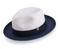 Navy Two-Tone Wide Brim Matching Grosgrain Ribbon Straw Fedora