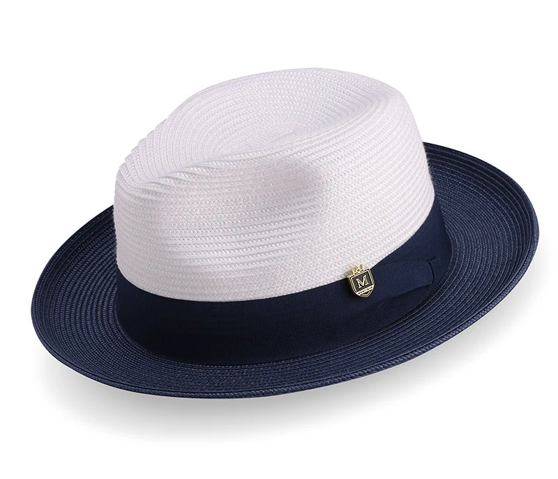 Navy Two-Tone Wide Brim Matching Grosgrain Ribbon Straw Fedora 1 Navy Two-Tone Wide Brim Matching Grosgrain Ribbon Straw Fedora