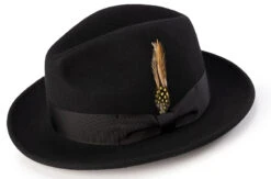 Wool Felt Fedora Pinch Front With Feather Accent In Black
