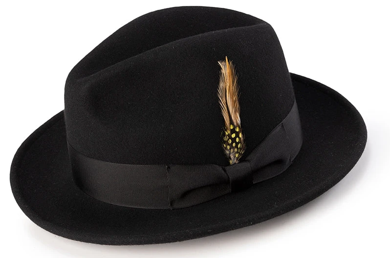 Wool Felt Fedora Pinch Front With Feather Accent In Black 1 Wool Felt Fedora Pinch Front With Feather Accent In Black