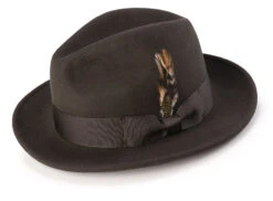 Wool Felt Fedora Pinch Front With Feather Accent In Brown