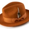 Wool Felt Fedora Pinch Front With Feather Accent In Cognac